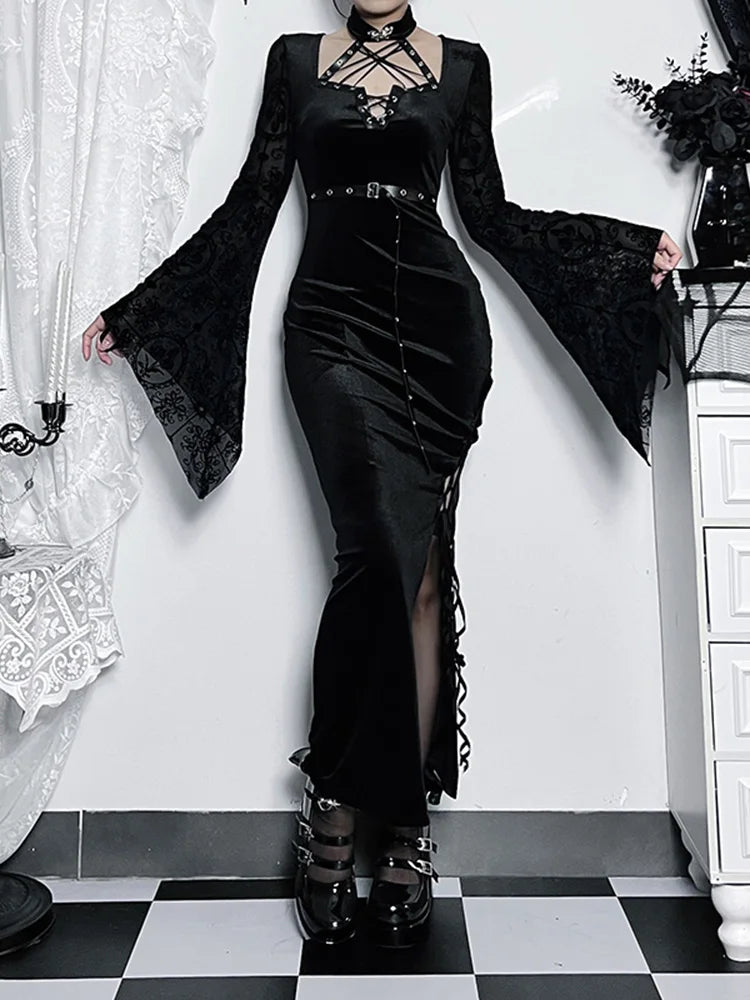 Suede Lace Sleeve High Waist Maxi Dress