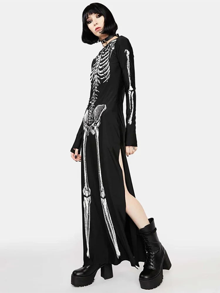 Skull Print Split Sleeve Maxi Dress