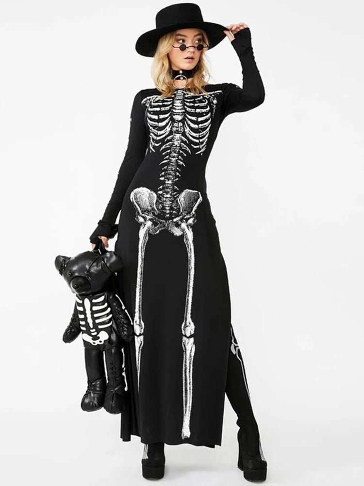 Skull Print Split Sleeve Maxi Dress