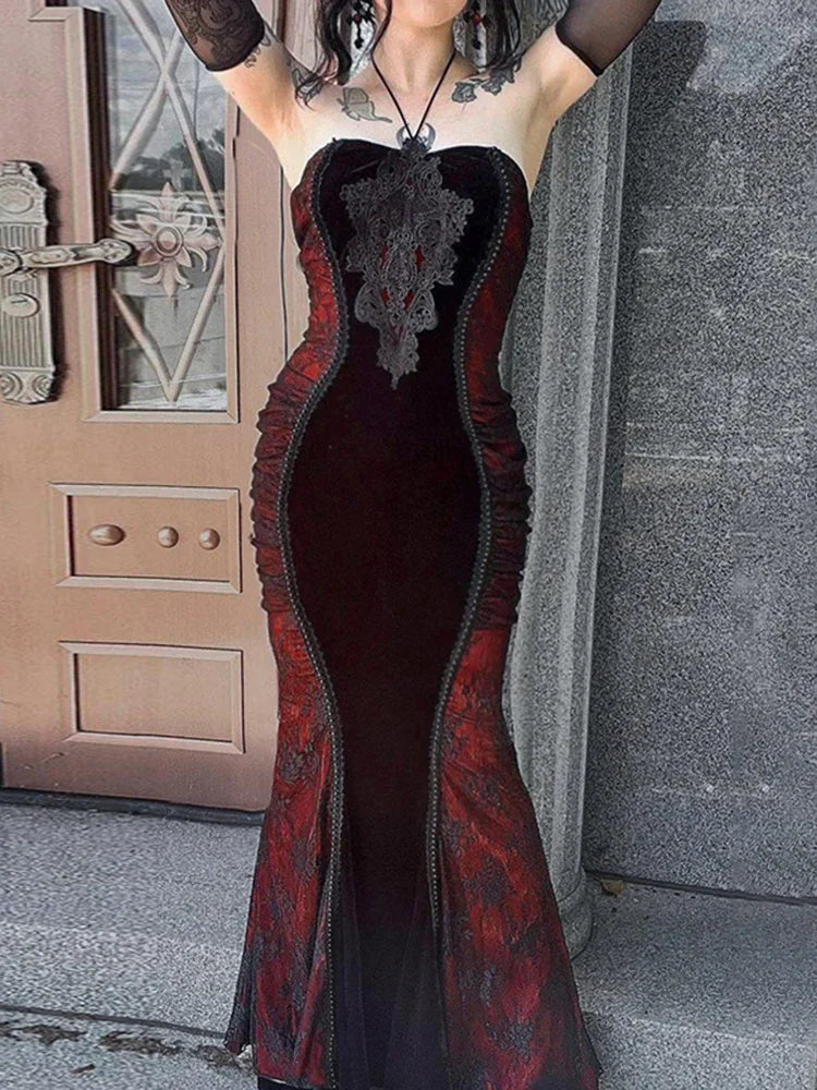 Halloween Embroidered Patchwork Halter Maxi Dress