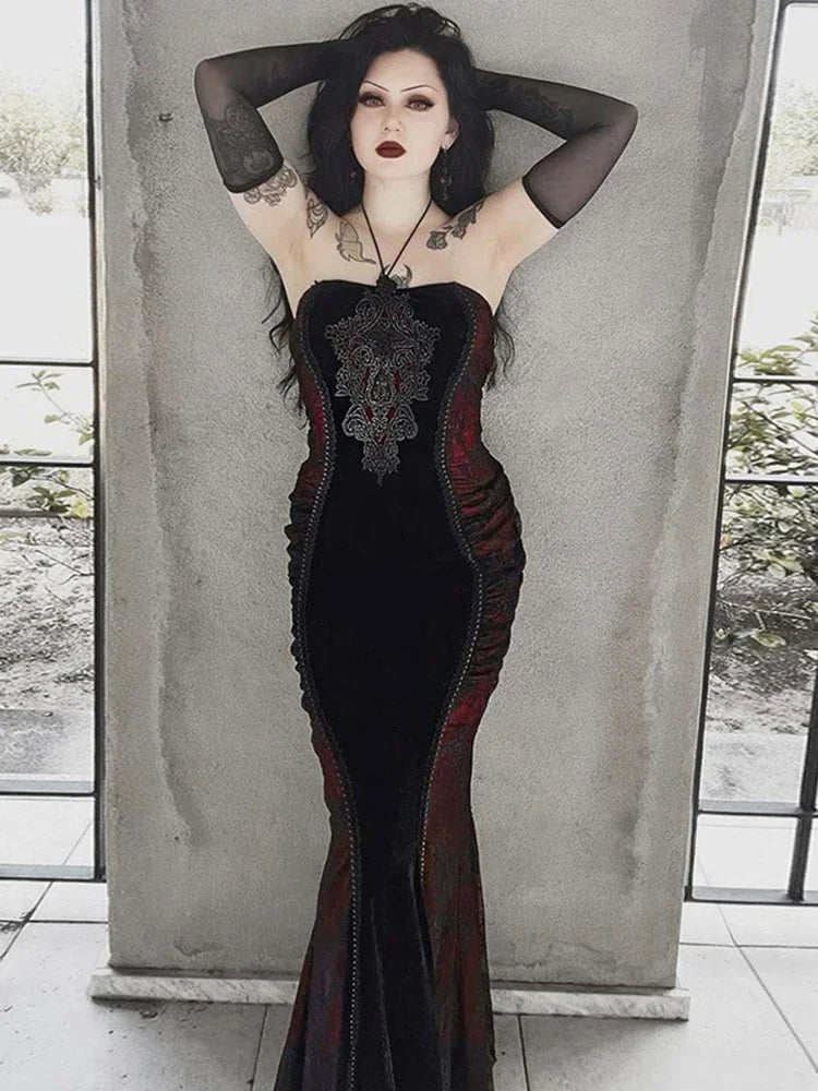 Halloween Embroidered Patchwork Halter Maxi Dress