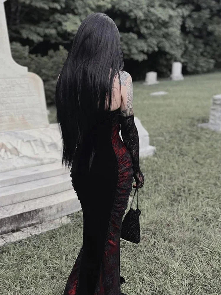 Halloween Embroidered Patchwork Halter Maxi Dress