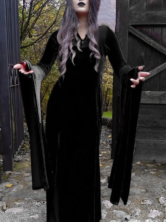 Vintage Halloween Lace Patchwork Flare Sleeve Maxi Dress