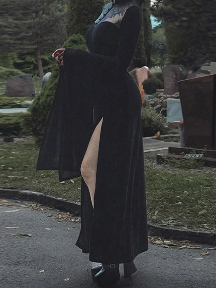 Vintage Halloween Lace Patchwork Flare Sleeve Maxi Dress