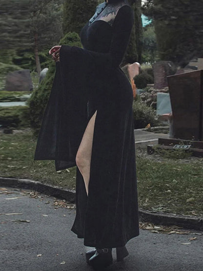 Vintage Halloween Lace Patchwork Flare Sleeve Maxi Dress