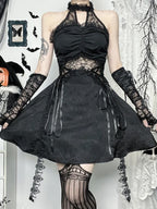 Lace Patchwork Halter Mini Dress