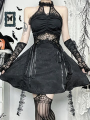 Lace Patchwork Halter Mini Dress