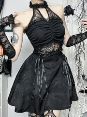 Lace Patchwork Halter Mini Dress