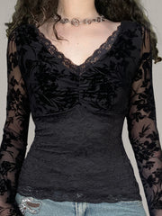 Sheer Lace V-neck Knit Top