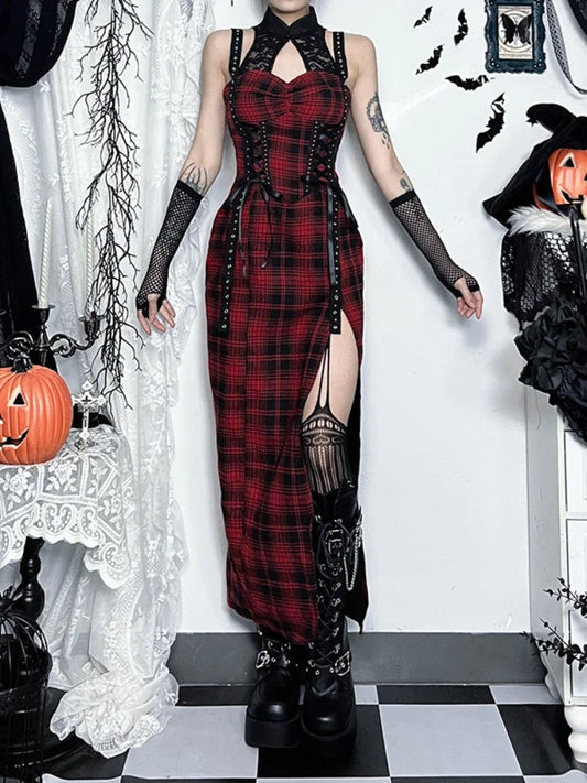 Red Plaid Lace Patchwork Maxi Dress