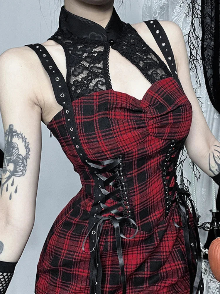 Red Plaid Lace Patchwork Maxi Dress