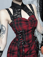Red Plaid Lace Patchwork Maxi Dress