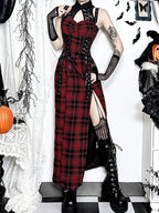 Red Plaid Lace Patchwork Maxi Dress