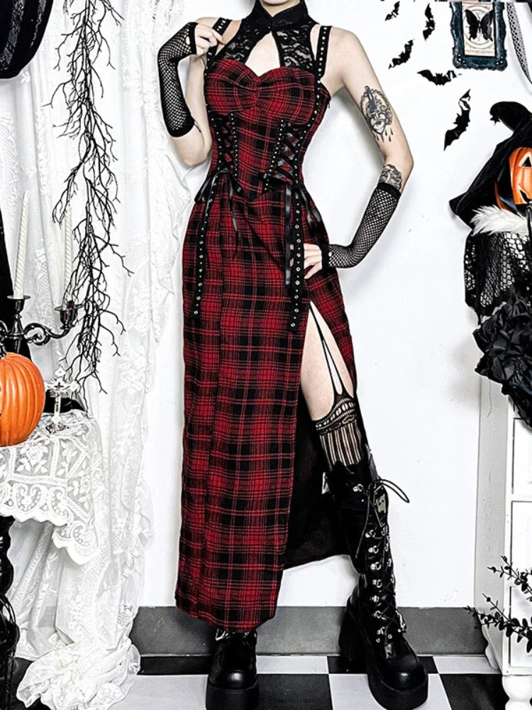 Red Plaid Lace Patchwork Maxi Dress