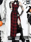 Red Plaid Lace Patchwork Maxi Dress
