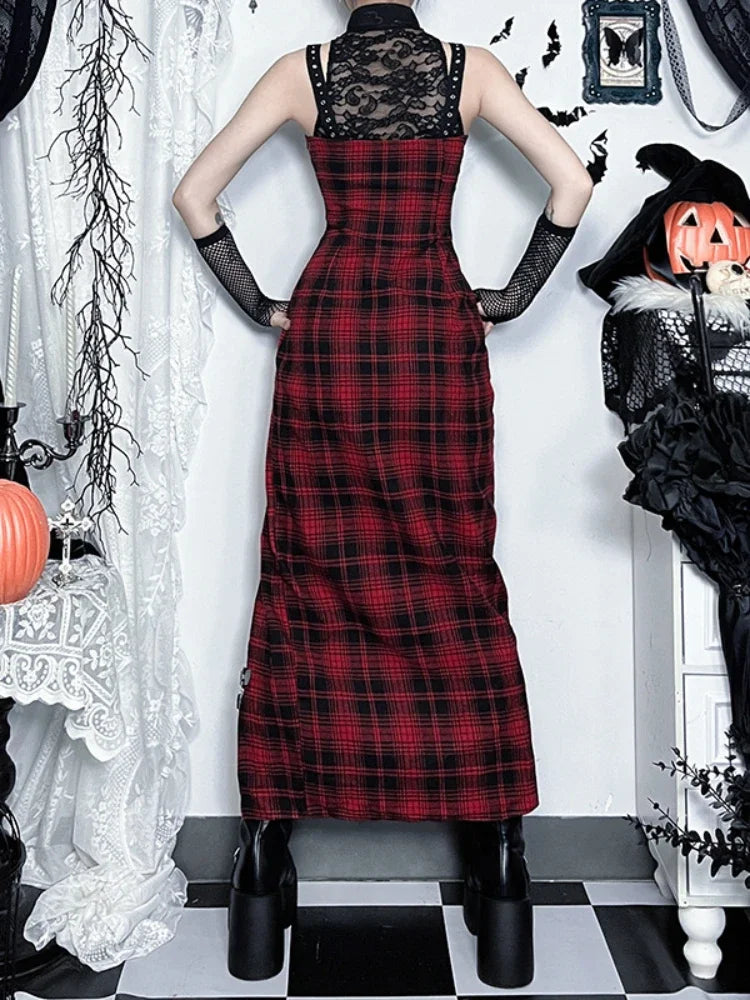 Red Plaid Lace Patchwork Maxi Dress