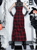 Red Plaid Lace Patchwork Maxi Dress