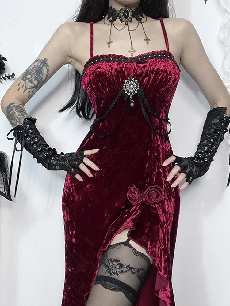 Red Velvet Split Spaghetti Strap Midi Dress Main image
