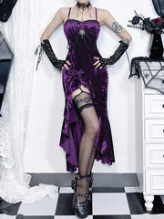 Red Velvet Split Spaghetti Strap Midi Dress