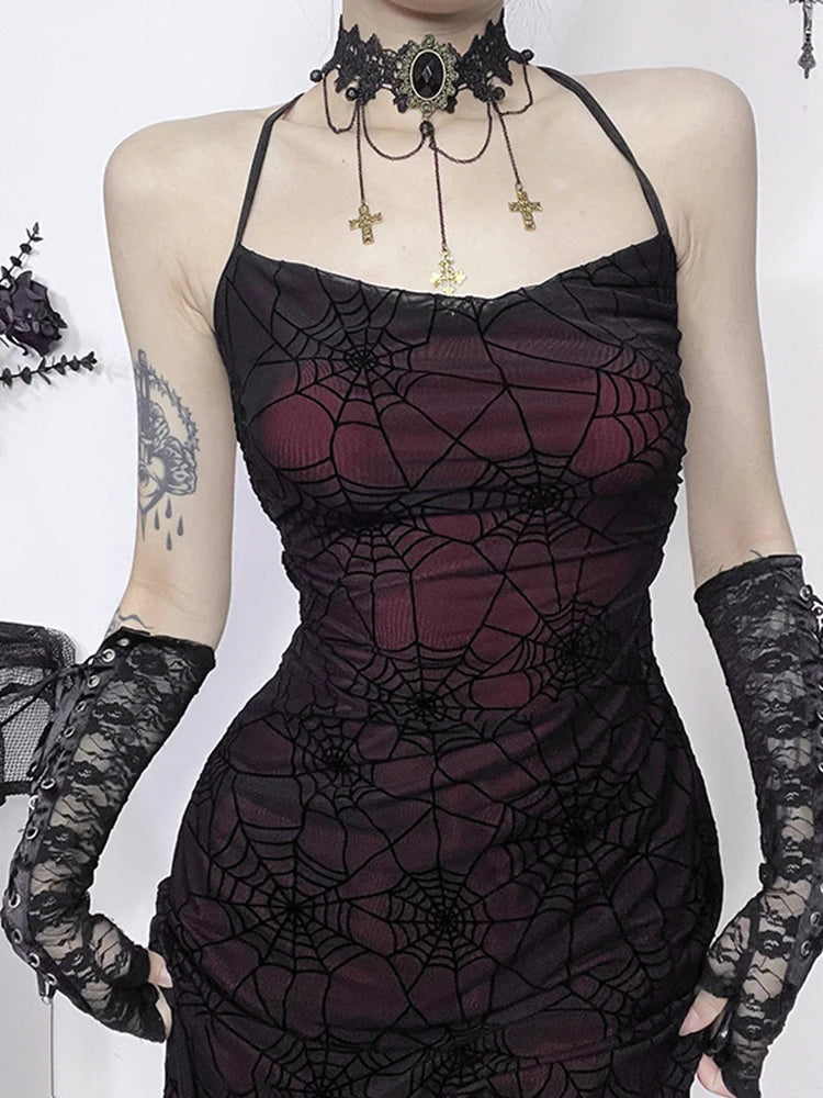 Vintage Dark Spider Web High Waist Maxi Dress