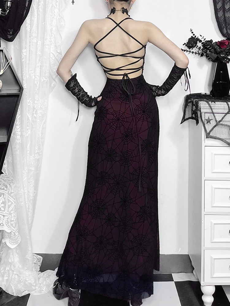 Vintage Dark Spider Web High Waist Maxi Dress