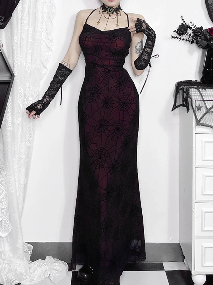 Vintage Dark Spider Web High Waist Maxi Dress