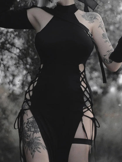 Vintage Cyberpunk Hollow Lace-Up Maxi Dress