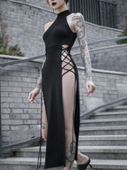 Vintage Cyberpunk Hollow Lace-Up Maxi Dress