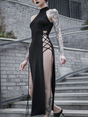 Vintage Cyberpunk Hollow Lace-Up Maxi Dress