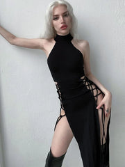 Vintage Cyberpunk Hollow Lace-Up Maxi Dress