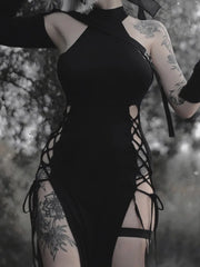 Vintage Cyberpunk Hollow Lace-Up Maxi Dress