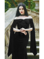 Dark Velvet Embroidery Off-Shoulder Maxi Dress