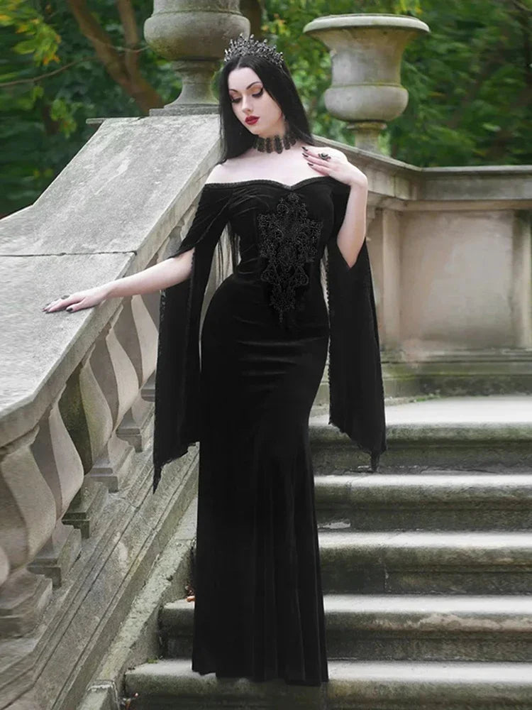 Dark Velvet Embroidery Off-Shoulder Maxi Dress