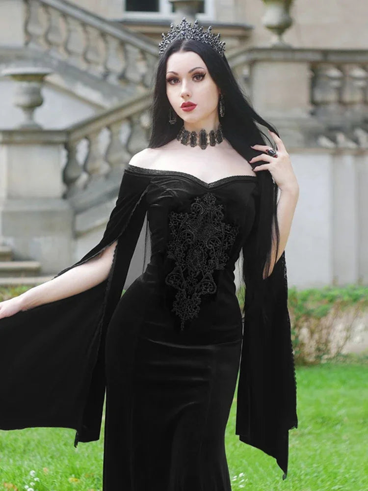 Dark Velvet Embroidery Off-Shoulder Maxi Dress