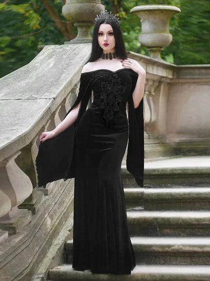 Dark Velvet Embroidery Off-Shoulder Maxi Dress
