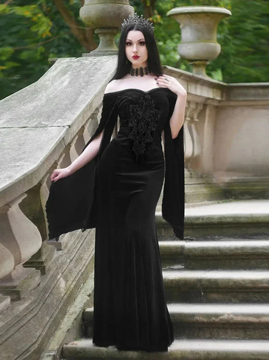 Dark Velvet Embroidery Off-Shoulder Maxi Dress