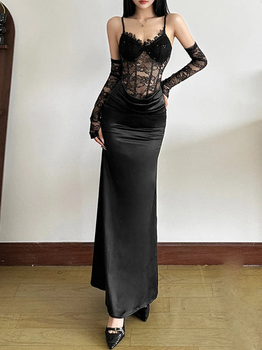 Sexy Corset Lace Patchwork High Waist Maxi Dress