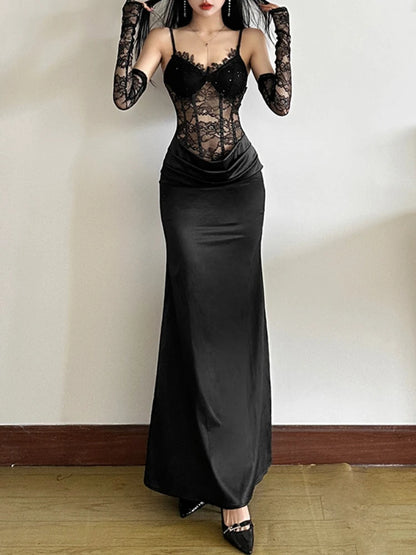 Sexy Corset Lace Patchwork High Waist Maxi Dress