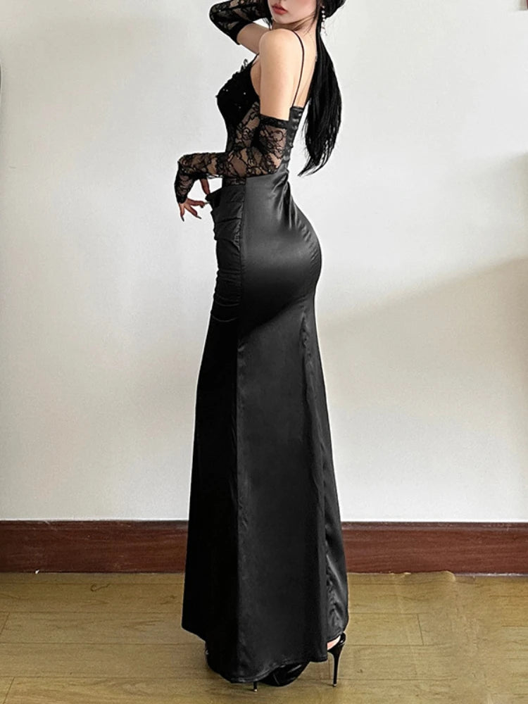 Sexy Corset Lace Patchwork High Waist Maxi Dress