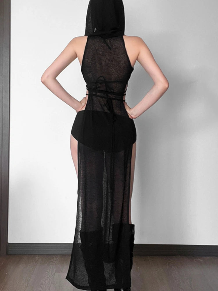 Sexy Punk Mesh Hollow Hooded Maxi Dress