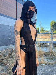 Sexy Punk Mesh Hollow Hooded Maxi Dress