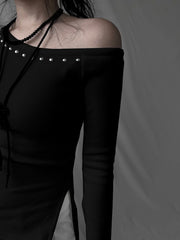 Rivet Skew Collar Knit Top