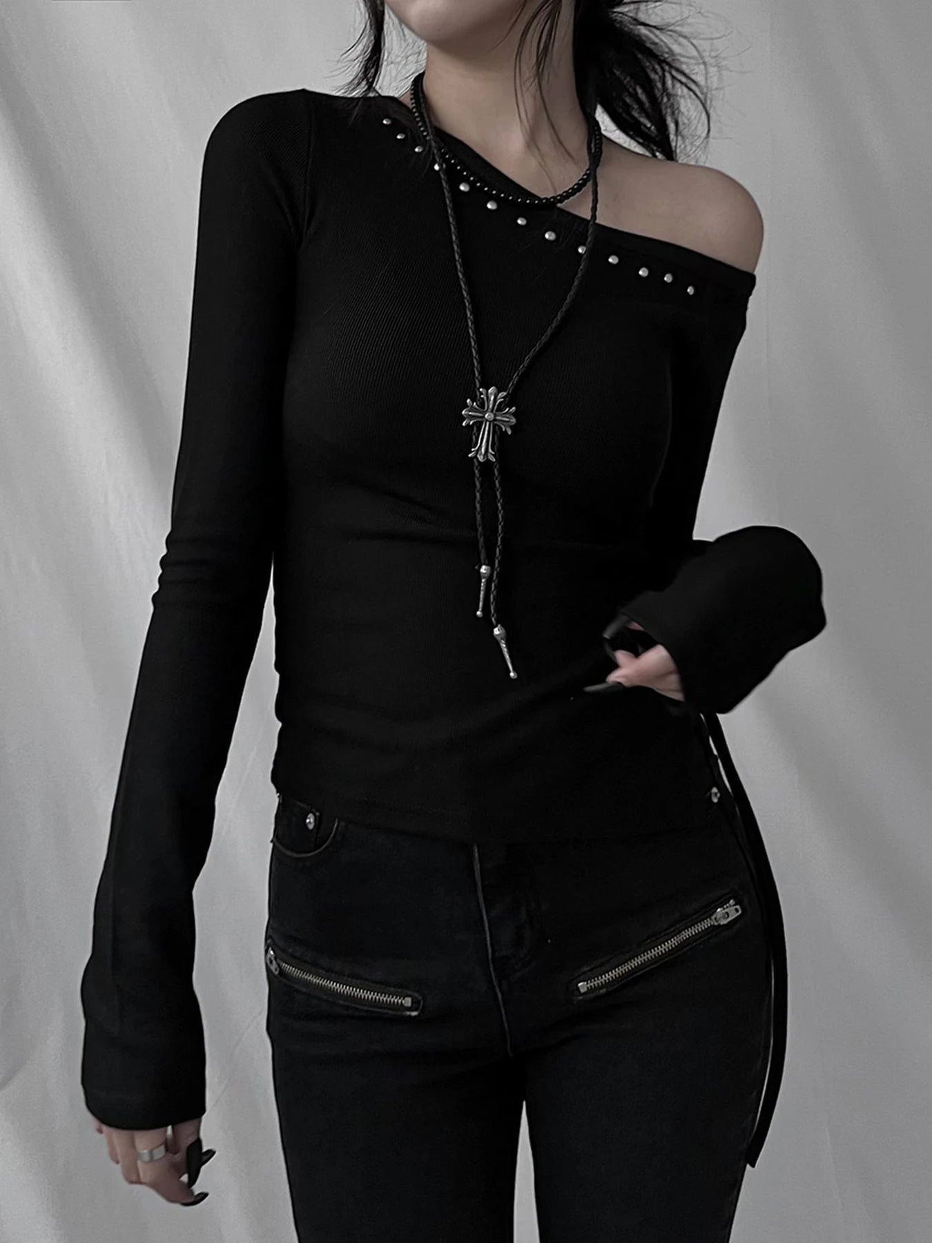 Rivet Skew Collar Knit Top Main image