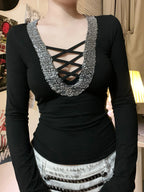 Sequin V-neck Knit Top