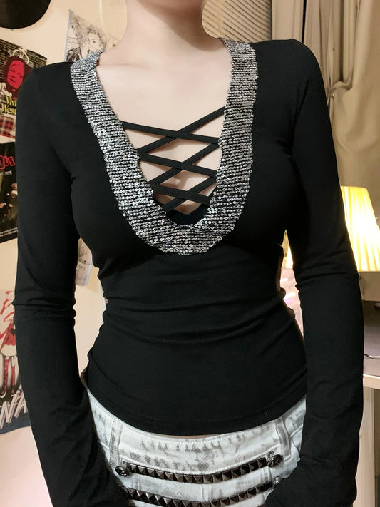 Sequin V-neck Knit Top