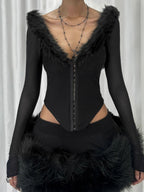 Fur Collar V-neck Knit Top