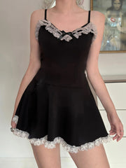 Black Lace Bow Mini Dress