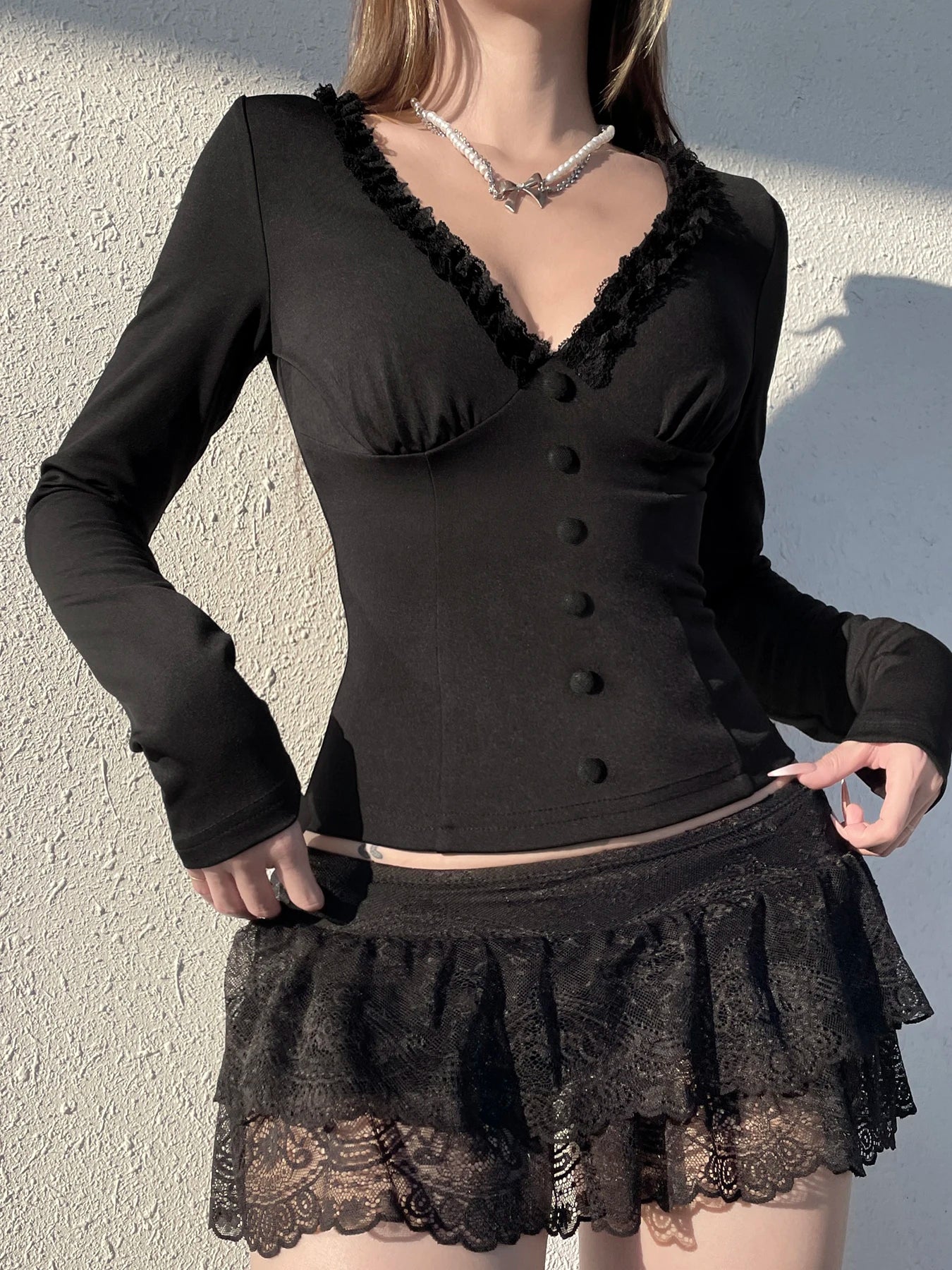 Lace Button Sleeve Knit Top Main image