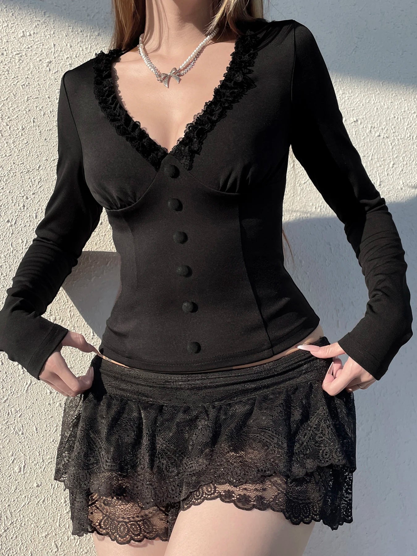 Lace Button Sleeve Knit Top