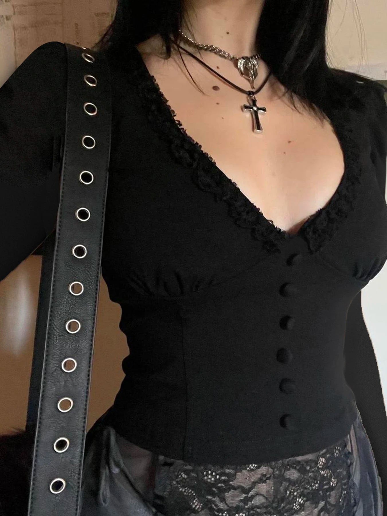 Lace Button Sleeve Knit Top